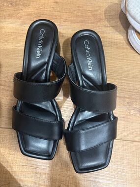 Calvin Klein Black Double-Strap Square-Toe Slide heels